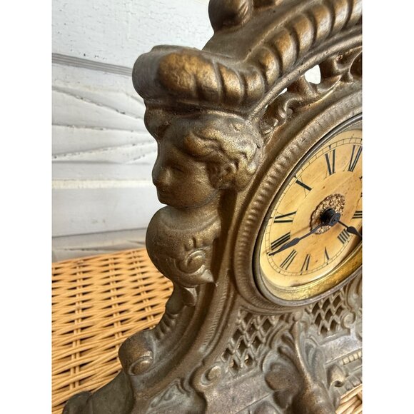 Antique 1880s Cast Iron Gold GIlt Clock Mermaids Womans Face Ornate Running - Picture 6 of 16